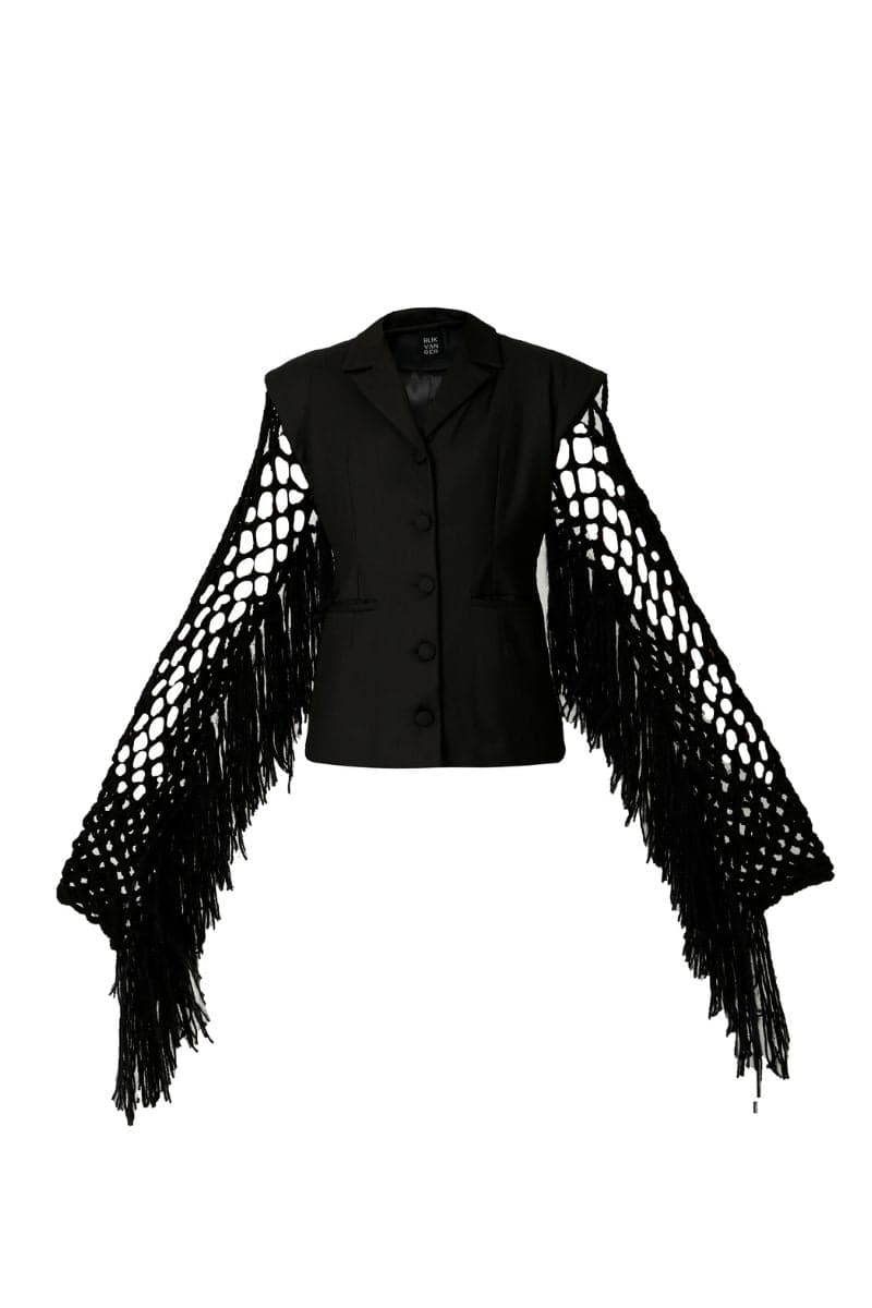 Black fishnet-sleeve blazer by Blikvanger, tailored fit, featuring textured fishnet sleeves and classic blazer design.