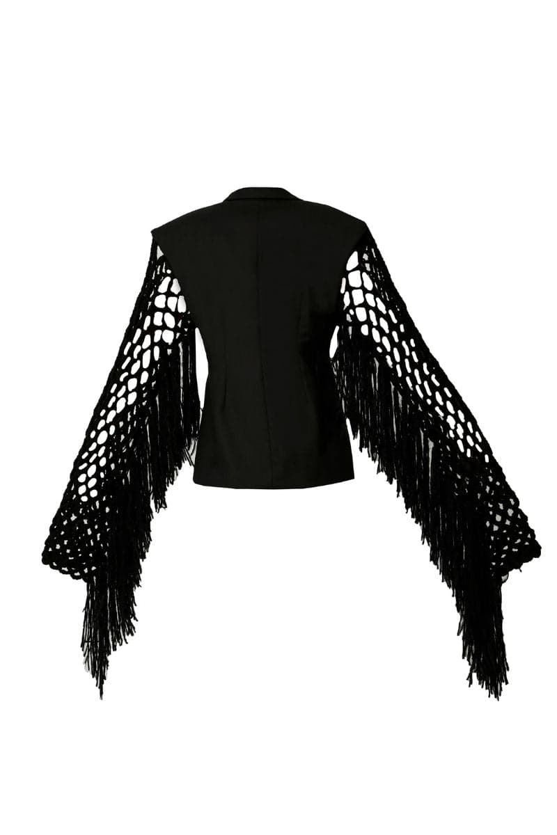 Black fishnet-sleeve blazer by Blikvanger, stylish tailored blazer with mesh sleeves, perfect for a trendy and edgy look.