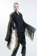 Black fishnet-sleeve blazer by Blikvanger, stylish fitted blazer with sheer fishnet sleeves, black color, size XXS.