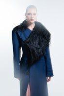 Blue denim furry long coat by Blikvanger, shown in blue with plush fur details and a tailored fit.