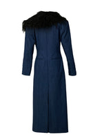 Blue denim furry long coat by Blikvanger, showing the cozy, plush fur lining and classic denim exterior.