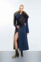 Blue denim furry long coat by Blikvanger, stylish outerwear with a cozy fur lining and tailored fit, shown in blue.