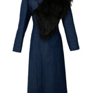 Blue denim furry long coat by Blikvanger, shown in size XXS with plush fur collar and cuffs, stylish winter outerwear.