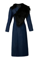 Blue denim furry long coat by Blikvanger, shown in size XXS with plush fur collar and cuffs, stylish winter outerwear.