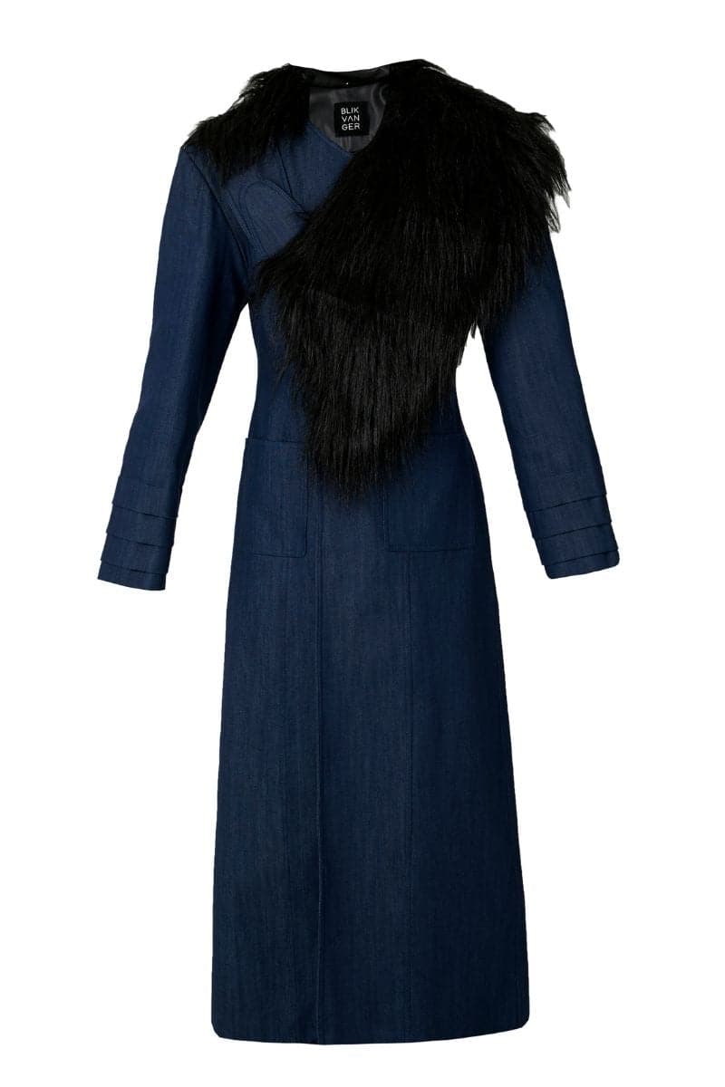 Blue denim furry long coat by Blikvanger, shown in size XXS with plush fur collar and cuffs, stylish winter outerwear.