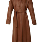 Brown faux leather long coat by Blikvanger, stylish and warm, shown in a close-up view highlighting the coat's texture and design.