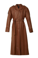 Brown faux leather long coat by Blikvanger, stylish and warm, shown in a close-up view highlighting the coat's texture and design.