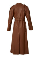 Brown faux leather long coat by Blikvanger, stylish and warm, shown on a model with a collar and full-length design.