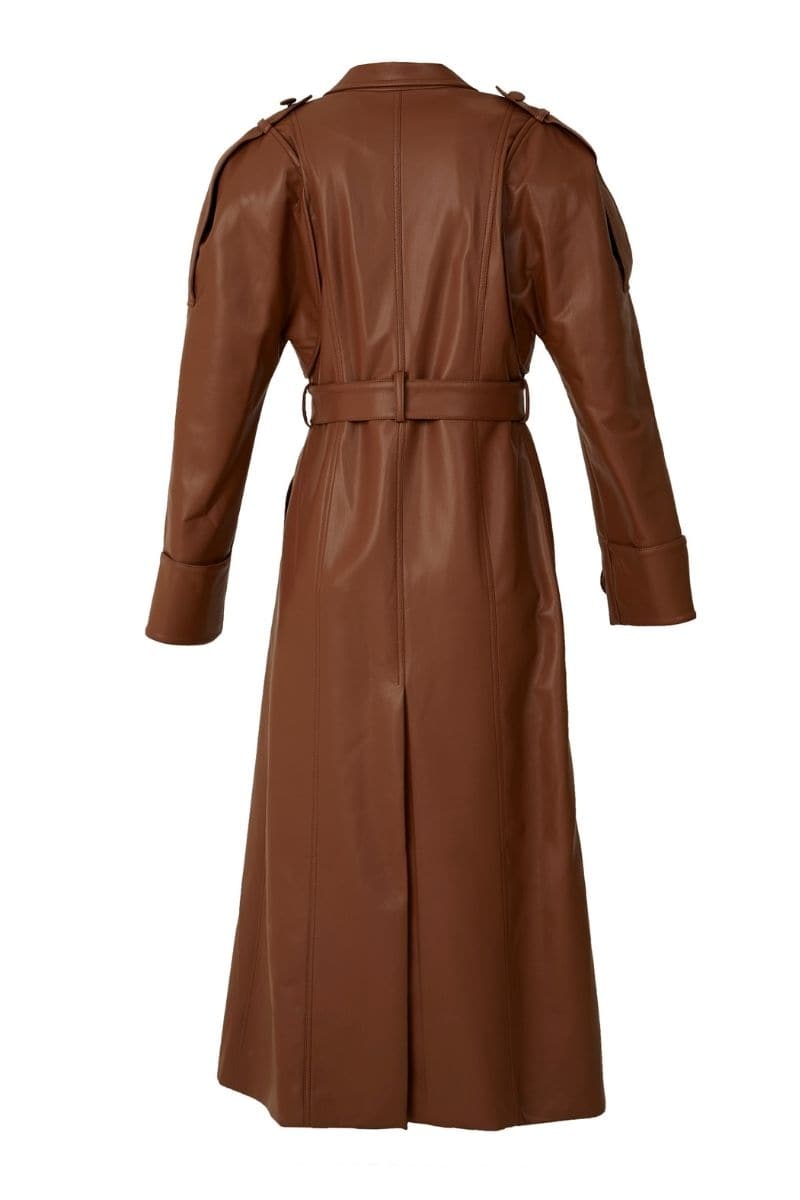 Brown faux leather long coat by Blikvanger, stylish and warm, shown on a model with a collar and full-length design.