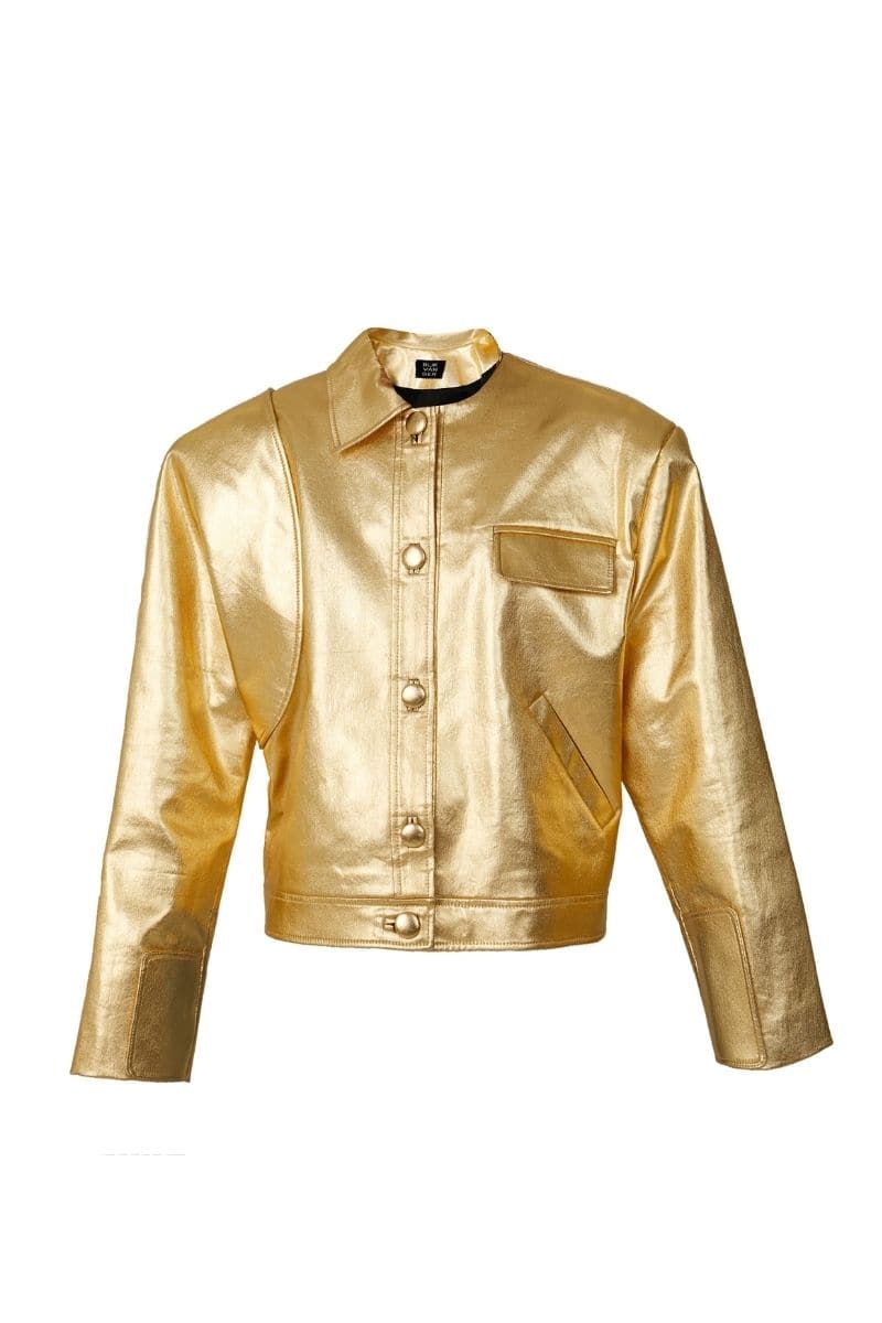 Golden faux leather jacket by Blikvanger, shown in size XXS, with a sleek, shiny finish and classic jacket design.