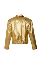 Golden faux leather jacket by Blikvanger, shown in size XXS, with a sleek, shiny finish and stylish collar detailing.