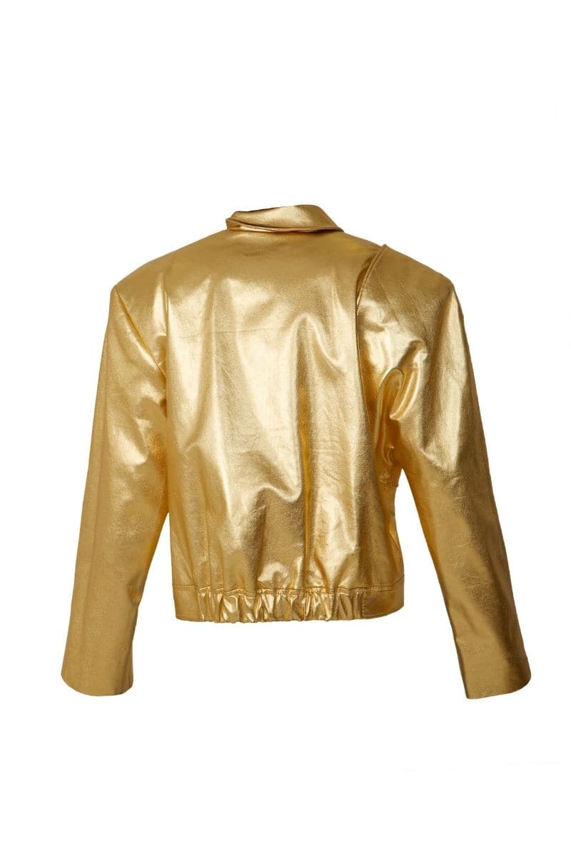 Golden faux leather jacket by Blikvanger, shown in size XXS, with a sleek, shiny finish and stylish collar detailing.