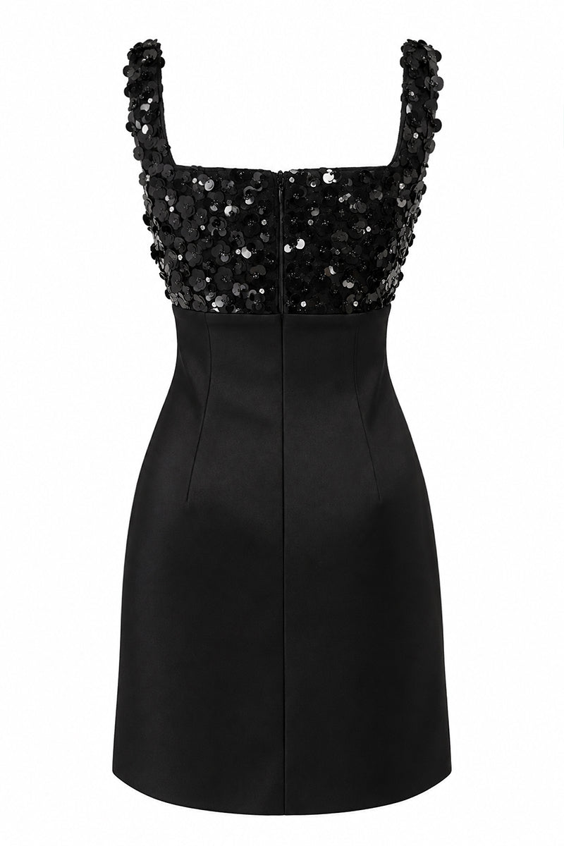 Black BLOOME mini dress by URBAN MUSE, showcasing a stylish and fitted design perfect for casual or evening wear.