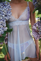 Blue mesh lace Wisteria Baby Doll lingerie by Luciela, featuring delicate lace details and a soft, sheer fabric.