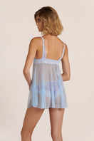 Blue lace mesh baby doll lingerie by Luciela, featuring delicate floral details and sheer fabric for a sensual look.