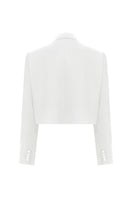 Nazlı Ceren Boxy Satin Cropped Jacket in Vanilla Ice, showcasing the white satin jacket with a boxy fit and cropped length.