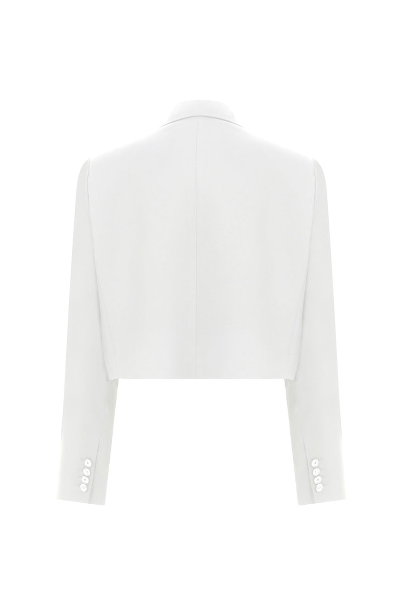 Nazlı Ceren Boxy Satin Cropped Jacket in Vanilla Ice, showcasing the white satin jacket with a boxy fit and cropped length.