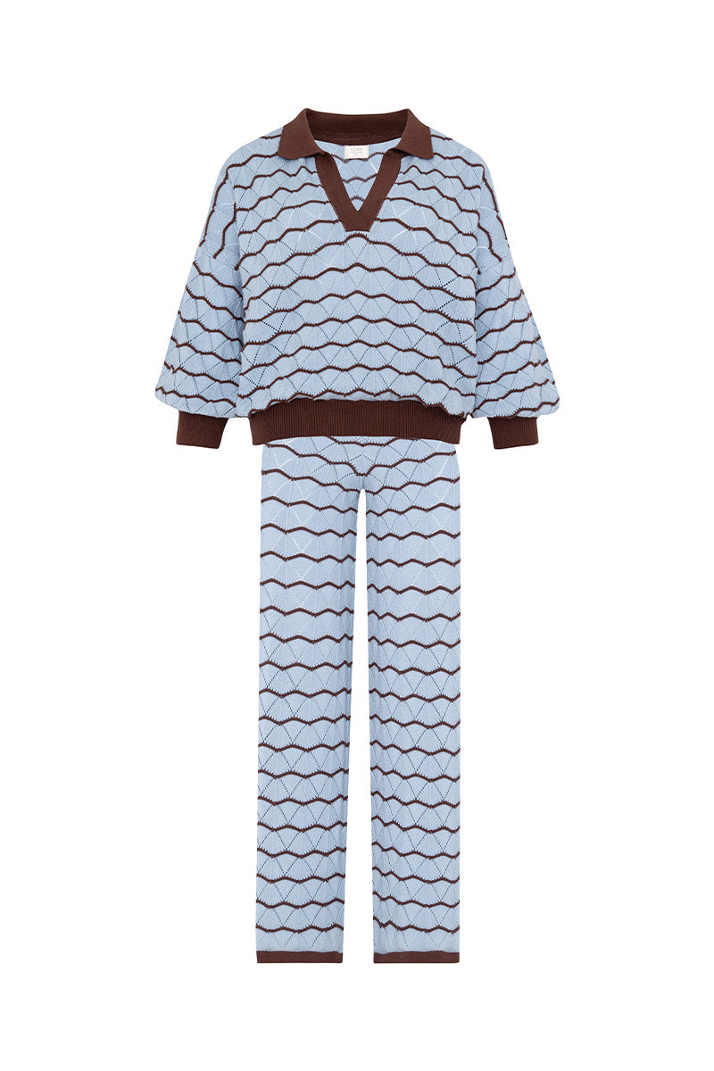 Vorn Design Bromelia co-ord set in Iceberg with floral print and matching top and pants, stylish and comfortable for casual wear.