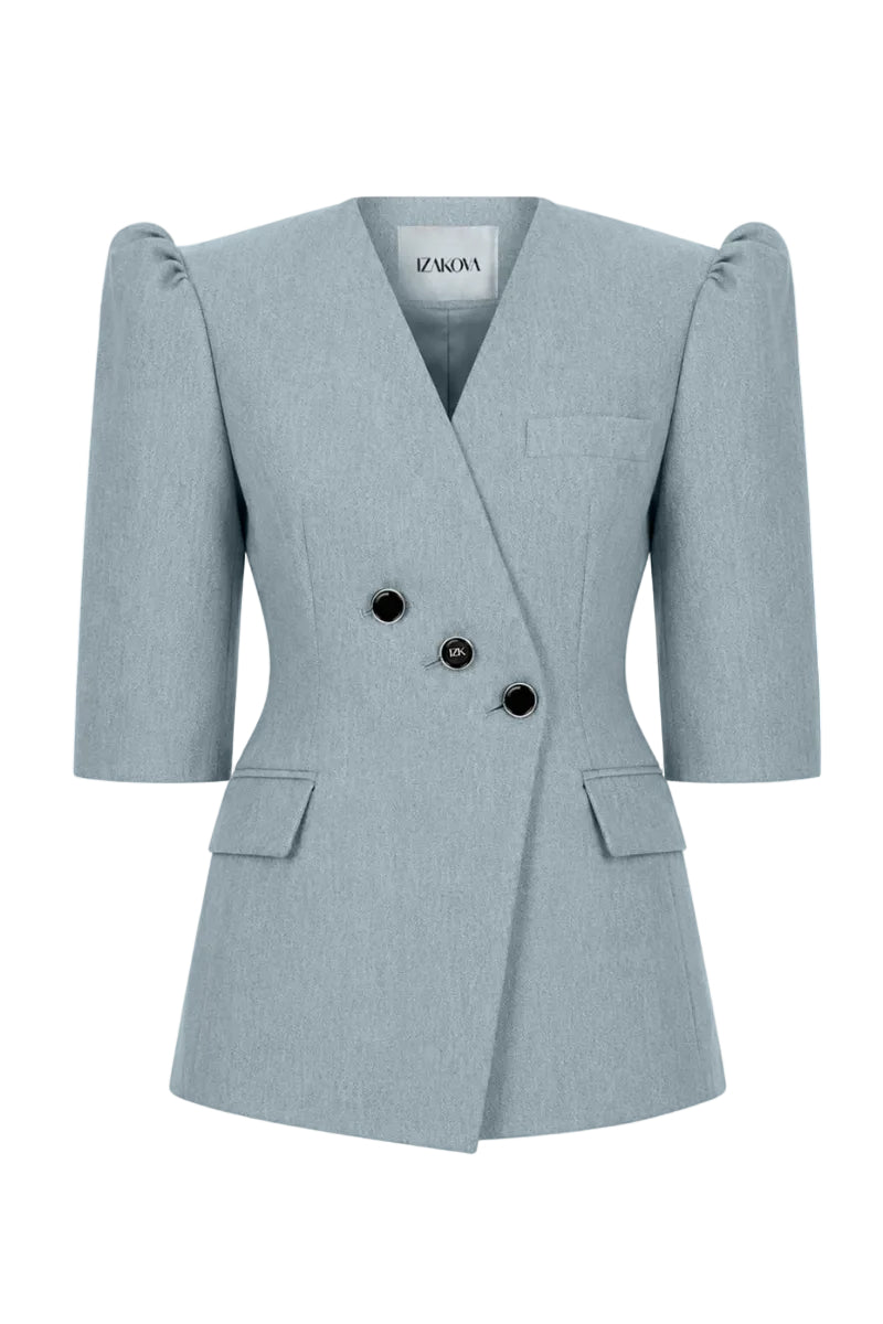 Izakova BURA washed blue blazer, tailored fit with lapel collar and button closure, styled on a mannequin.