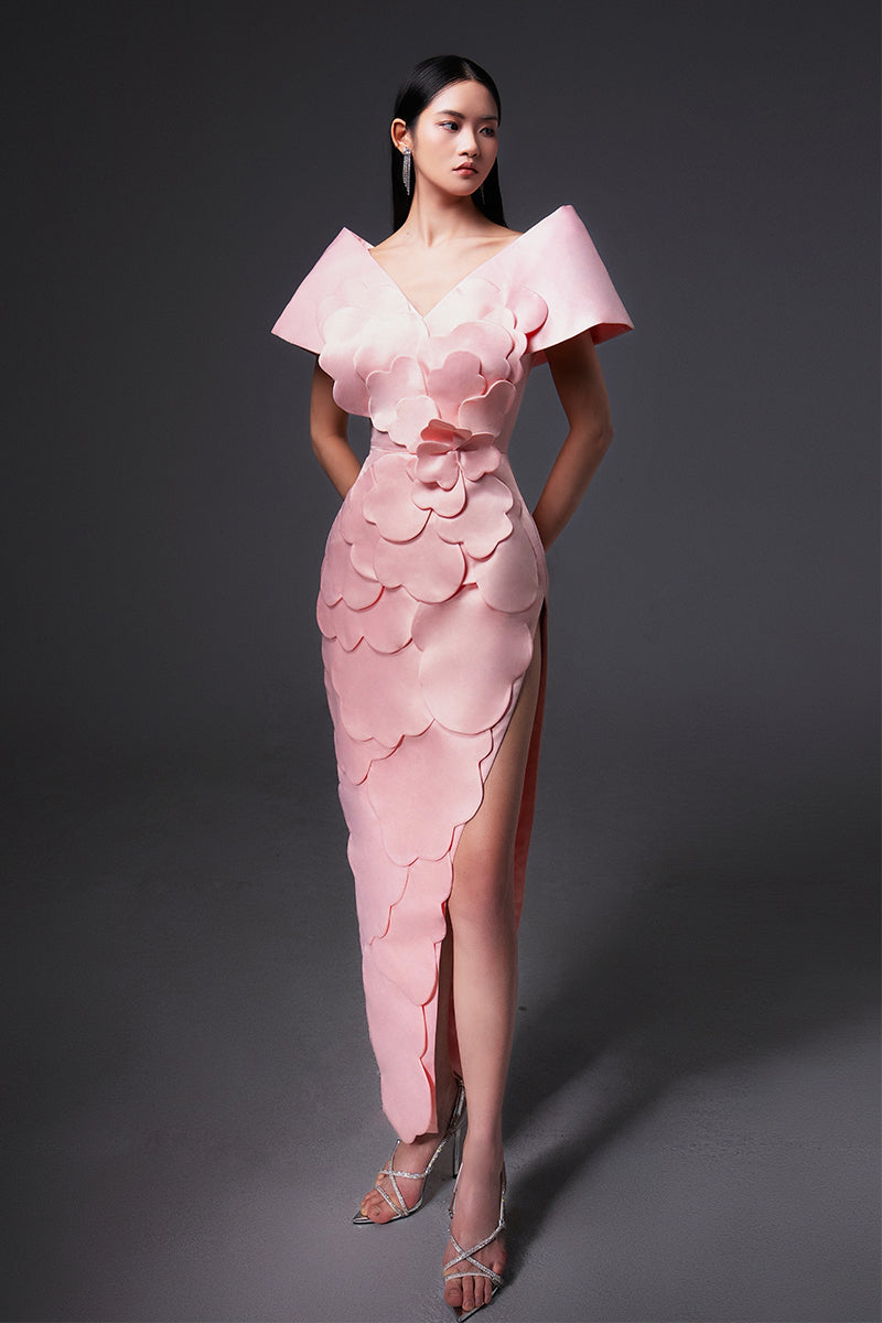 pink dress with flower applique CULT MIA X HAPPY CLOTHING GLENN FLOWER APPLIQUE TAFFETA MAXI DRESS IN PINK | CULT MIA