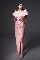Pink CULT MIA X HAPPY CLOTHING Glenn flower applique taffeta maxi dress, elegant and flowy for special occasions.