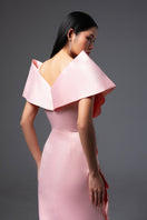 Pink CULT MIA X HAPPY CLOTHING Glenn flower appliqué taffeta maxi dress displayed on a hanger.