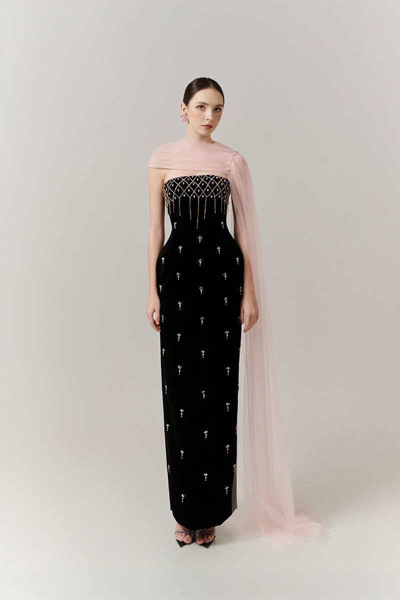 BLACK VELVET CRYSTAL BODY MAXI DRESS WITH CAPE