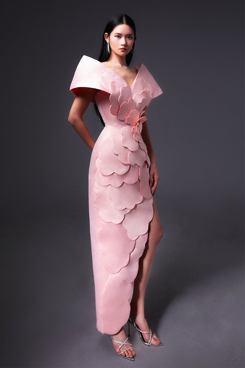 CULT MIA X HAPPY CLOTHING GLENN FLOWER APPLIQUE TAFFETA MAXI DRESS IN PINK - CULT MIA