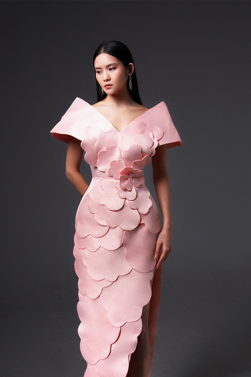 CULT MIA X HAPPY CLOTHING GLENN FLOWER APPLIQUE TAFFETA MAXI DRESS IN PINK - CULT MIA