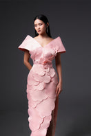 Pink CULT MIA X HAPPY CLOTHING Glenn flower appliqué taffeta maxi dress, featuring a flowy silhouette and floral details.