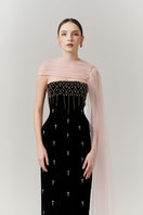 Black velvet crystal body gown with cape by Happy Clothing, featuring shimmering embellishments and elegant flowing design.