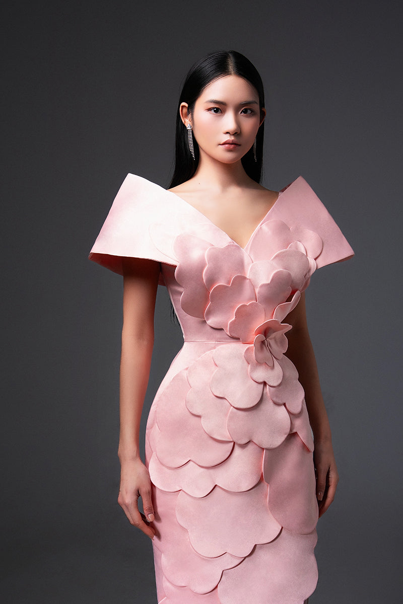CULT MIA X HAPPY CLOTHING GLENN FLOWER APPLIQUE TAFFETA MAXI DRESS IN PINK - CULT MIA