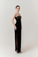 Black velvet crystal body gown with cape by Happy Clothing, featuring intricate crystal embellishments and flowing fabric.