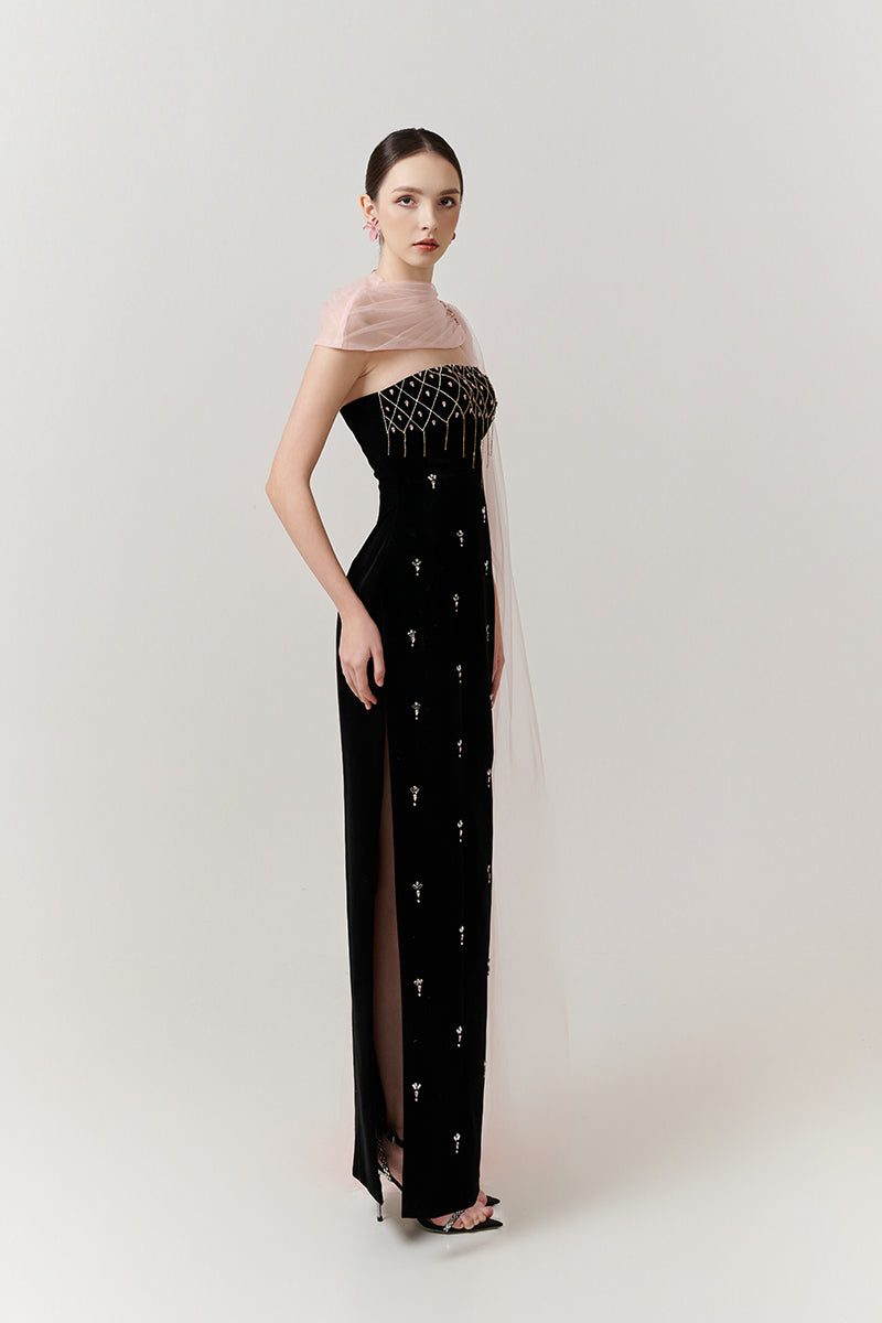 Black velvet crystal body gown with cape by Happy Clothing, featuring intricate crystal embellishments and flowing fabric.