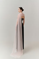 Black velvet crystal body gown with cape by Happy Clothing, featuring elegant crystal embellishments and flowing cape detail.