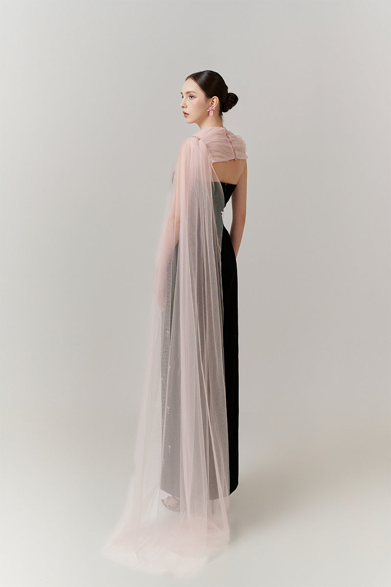 Black velvet crystal body gown with cape by Happy Clothing, featuring elegant crystal embellishments and flowing cape detail.
