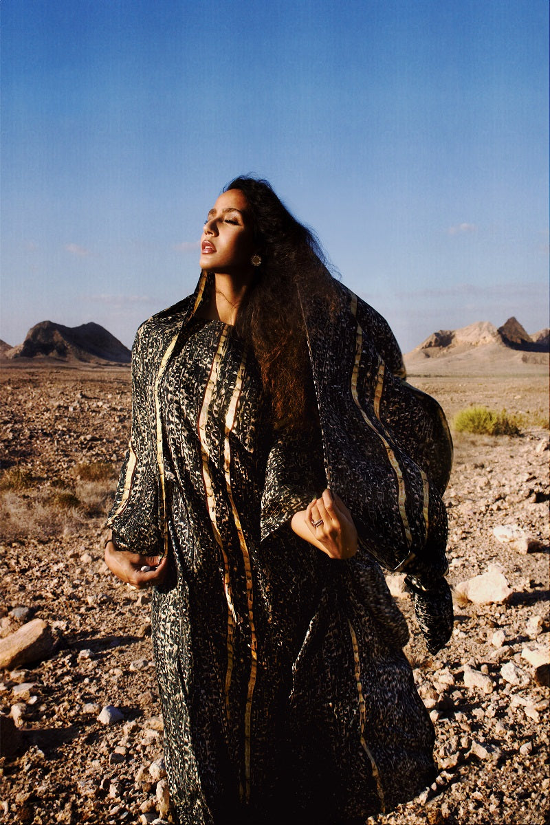 Brown Brocot kaftan maxi dress with matching scarf from Amel Batita, flowing fabric and intricate design.