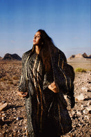 Brown Brocot kaftan maxi dress with matching scarf by Amel Batita, flowing fabric and relaxed fit, perfect for elegant summer wear.