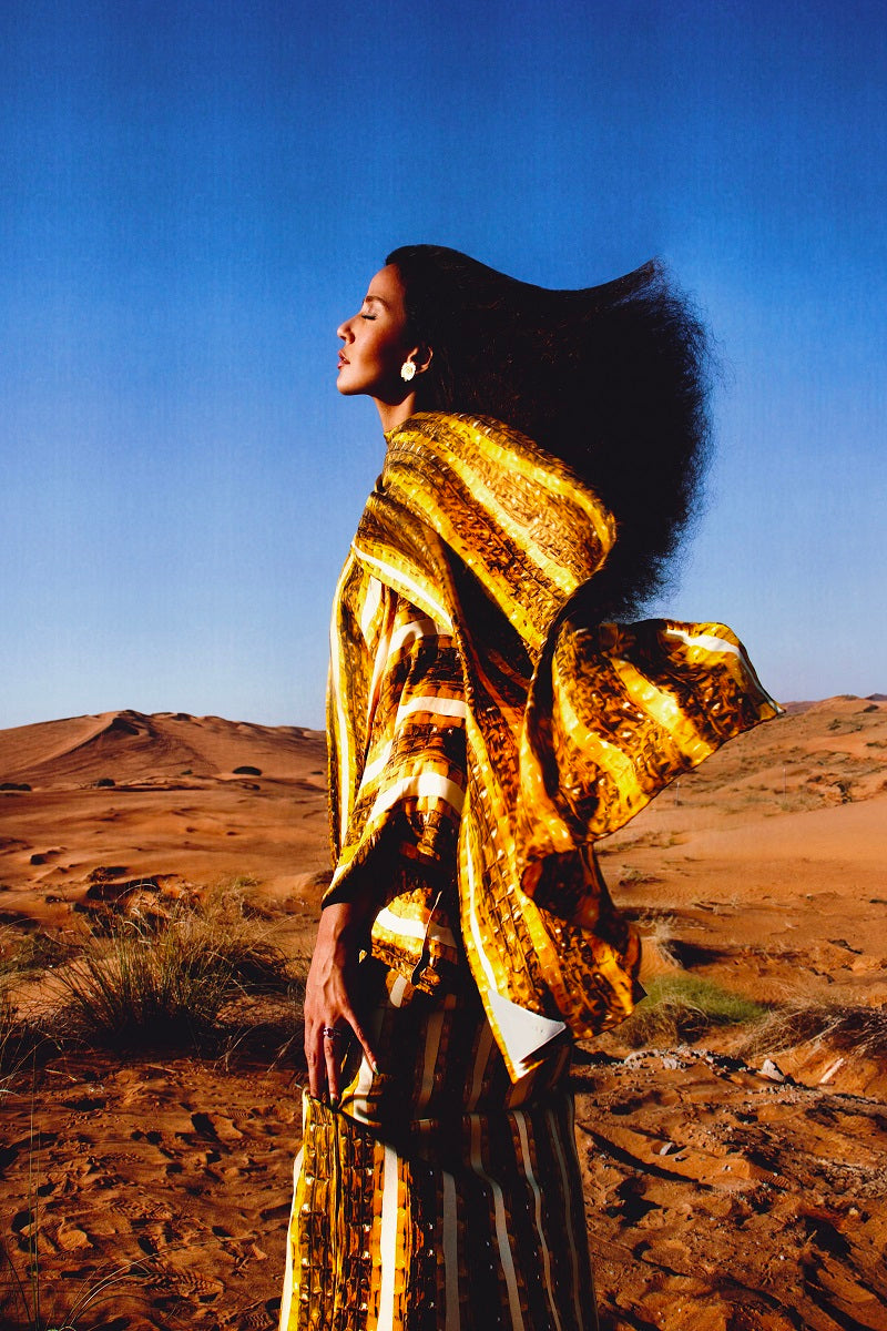 Gold Brocot kimono maxi dress by Amel Batita featuring a silk scarf and flowing fabric, elegant and stylish for special occasions.