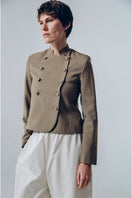 Delegen crop wool blazer, tailored fit, in neutral color, featuring lapel collar and button front, stylish and professional.