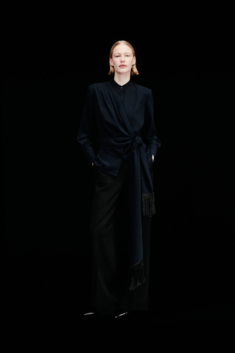 Blue and black belted shirt by Delegan featuring a stylish design, perfect for casual or semi-formal wear.