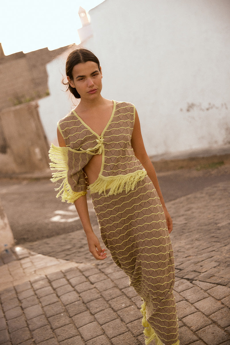 Vorn Design Camaria Co-ords set in sandy color, featuring stylish matching top and pants on a neutral background.
