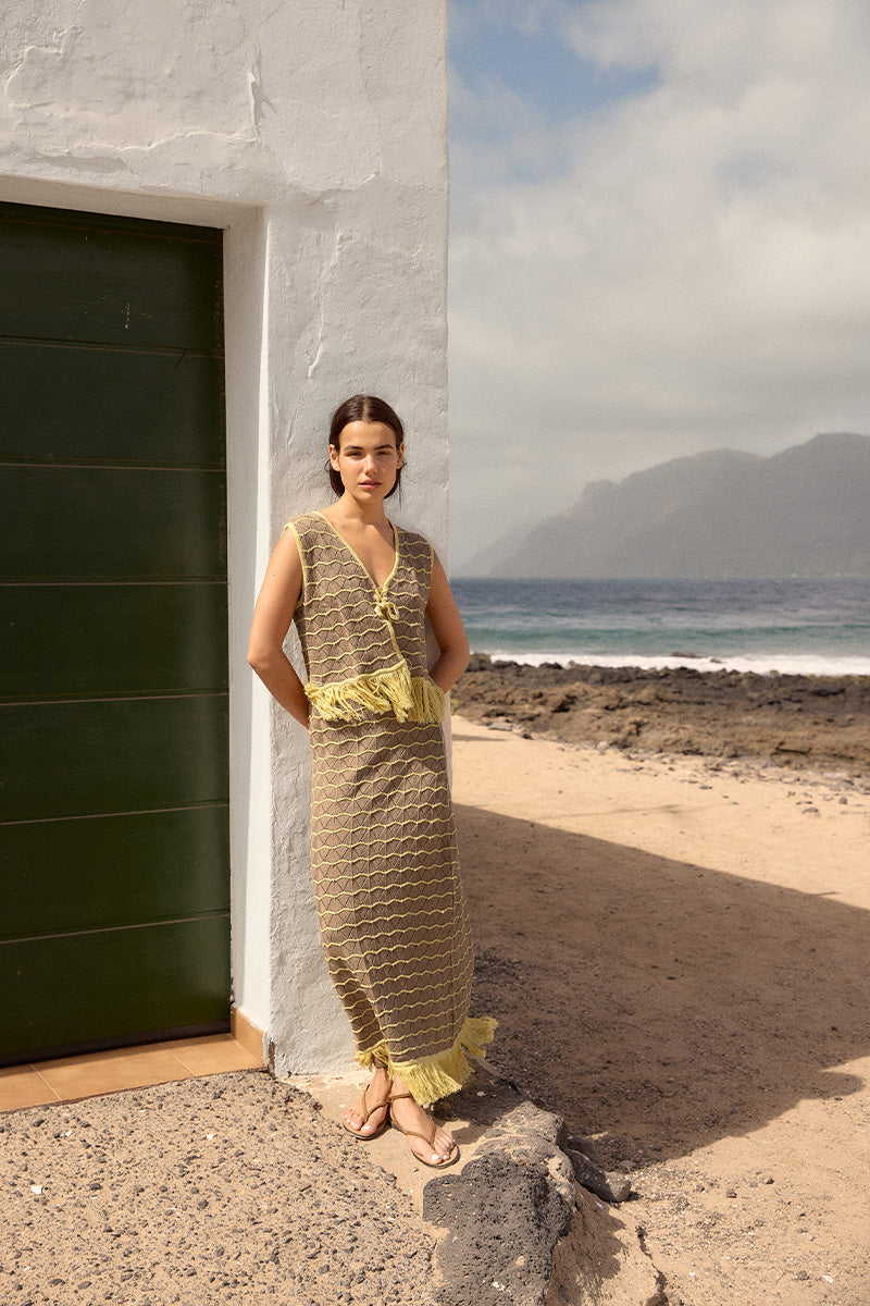 Vorn Design Camaria co-ord set in sandy color, featuring a stylish crop top and matching high-waisted pants.