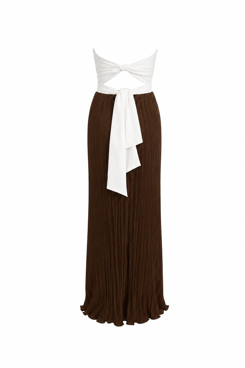 Maylé Vásquez CULT MIA X MALYÉ Vásquez canela brown and off-white maxi dress shown from the back.