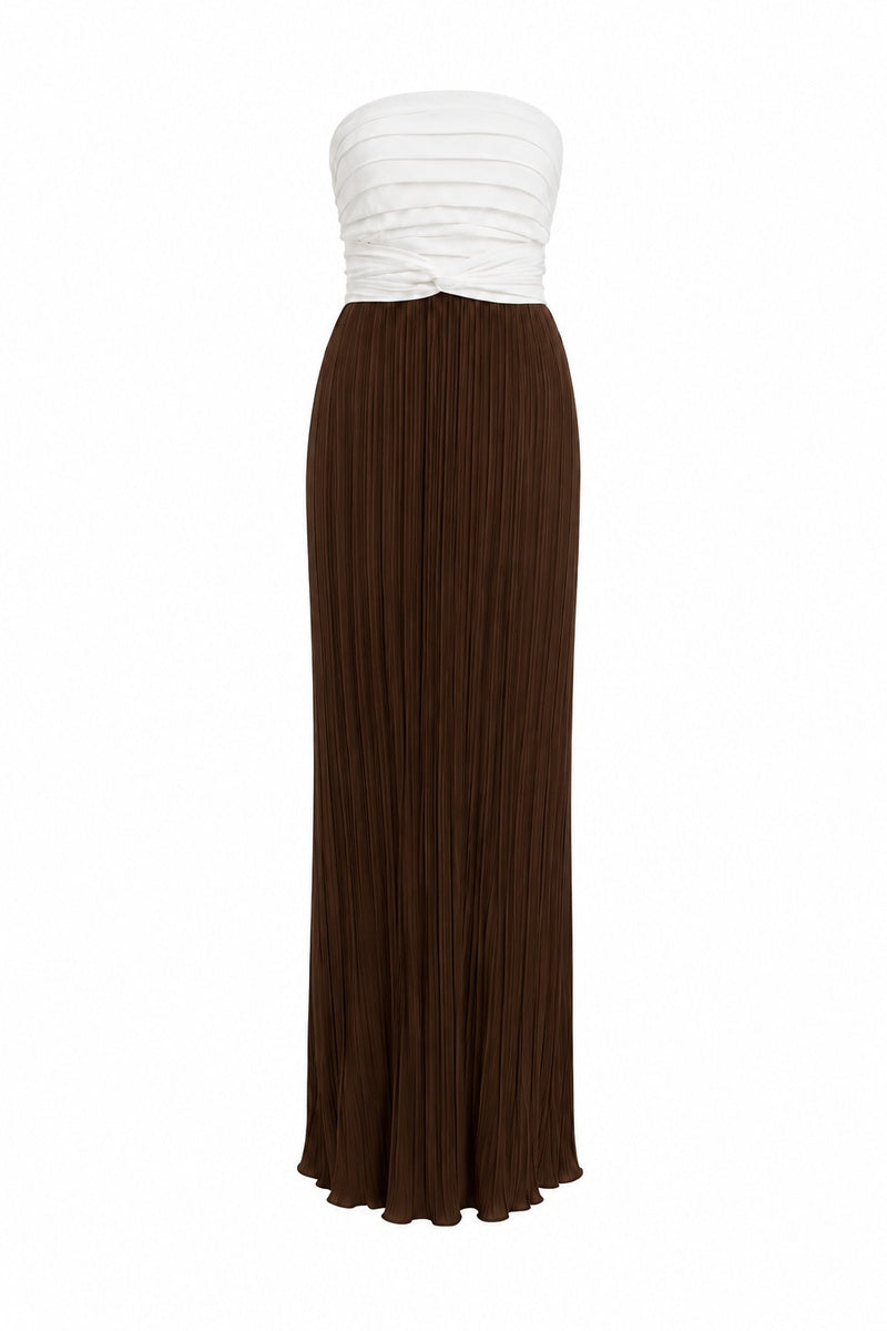 Maylé Vásquez CULT MIA X Malyé Vásquez canela brown and off-white maxi dress, front view showing flowy fabric and elegant design.
