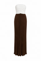Maylé Vásquez CULT MIA X Malyé Vásquez canela brown and off-white maxi dress, front view showing flowy fabric and elegant design.