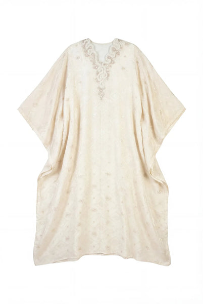 EMBELLISHED V-NECK CAFTAN IN LIGHT GOLD | CULT MIA | SHATHA ESSA