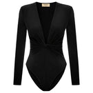 Black Chandra bodysuit from Acaria Studio, a stylish fitted top with long sleeves and a sleek, modern design.