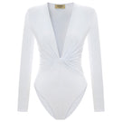 White Chandra bodysuit by Acaria Studio, close-up of sleek, fitted tops with long sleeves and scoop neckline.