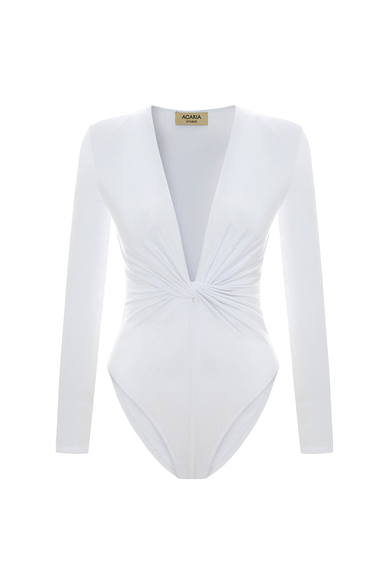 White Chandra bodysuit by Acaria Studio, close-up of sleek, fitted tops with long sleeves and scoop neckline.